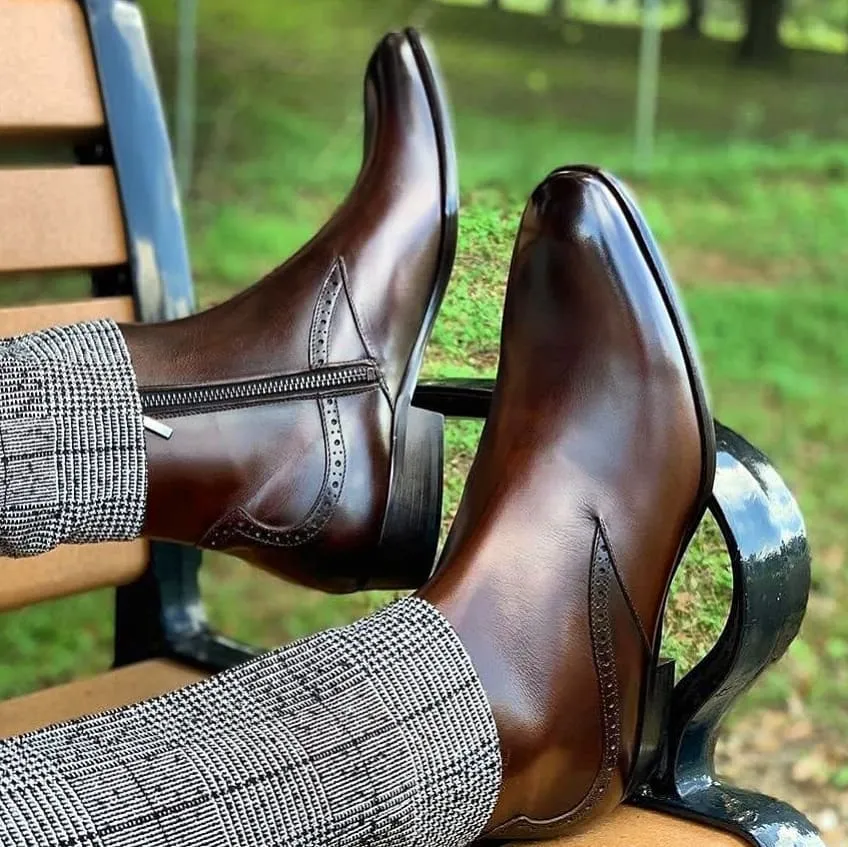 Height Increasing Brown Leather Beja Zipper Boots sold by Costoso Italiano