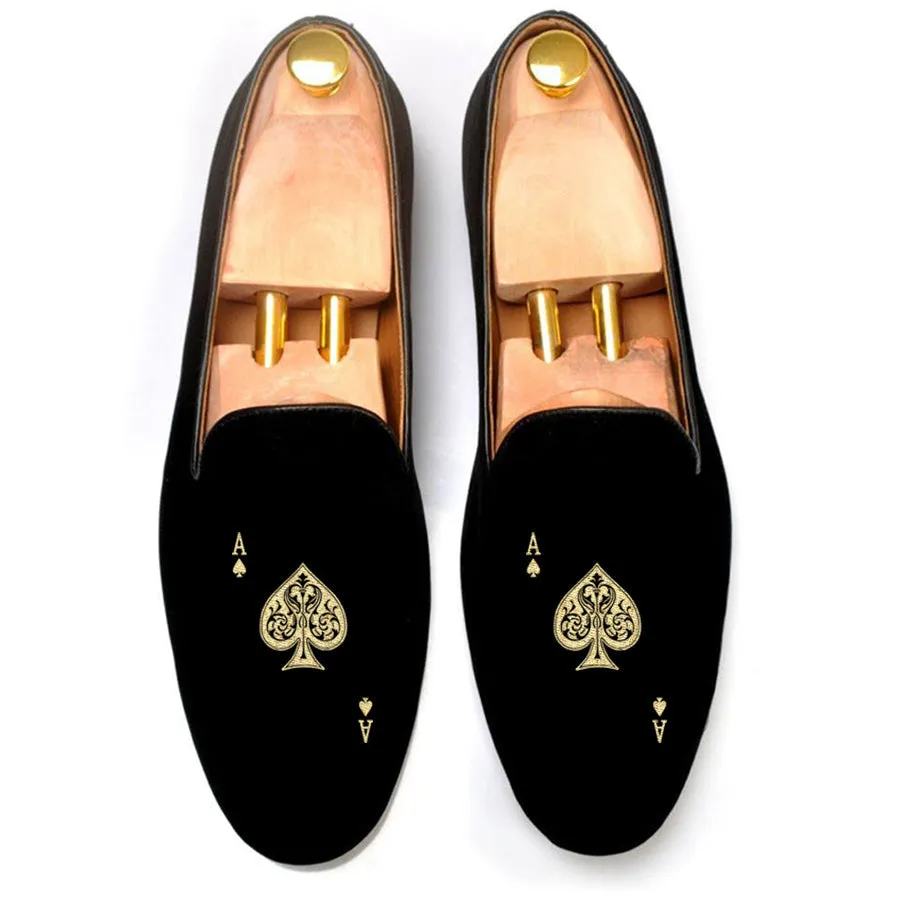 Height Increasing Black Velvet Ace of Spades Embroidered Loafers sold by Costoso Italiano