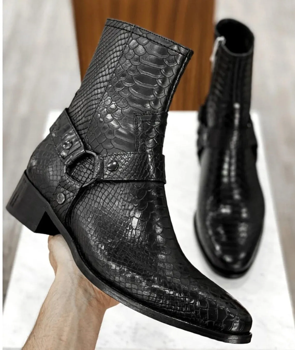 Black Croc/Python/Snake Animal Print Leather Alessia Slip On Zipper Harness Boots for Men - AW24 sold by Costoso Italiano product image thumbnail 2
