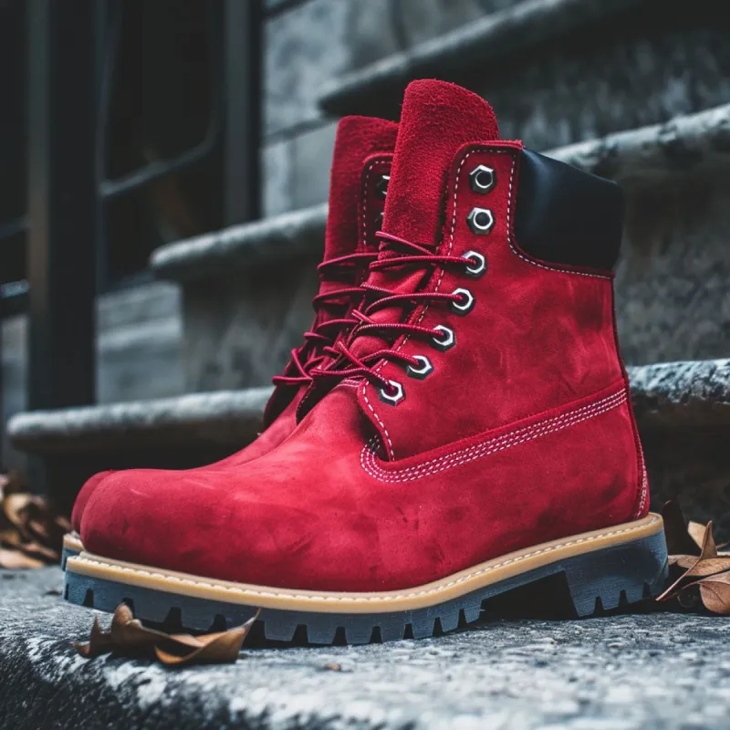 Red Leather Antico Ankle Rugged Lace Up Combat Hiking Boots with Chunky Track Sole sold by Costoso Italiano