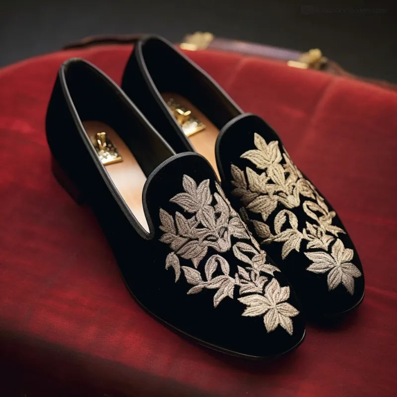 Black Velvet Hand Work Zardozi Peshawari Loafers | Wedding Shoes for Groom | Shoes for Haldi Mehendi Sangeet sold by Costoso Italiano