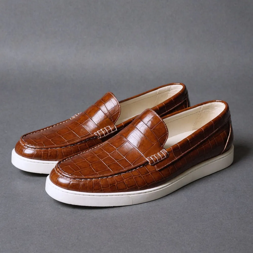 Brown Croc Print Leather Anthea Slip On Sneakers sold by Costoso Italiano