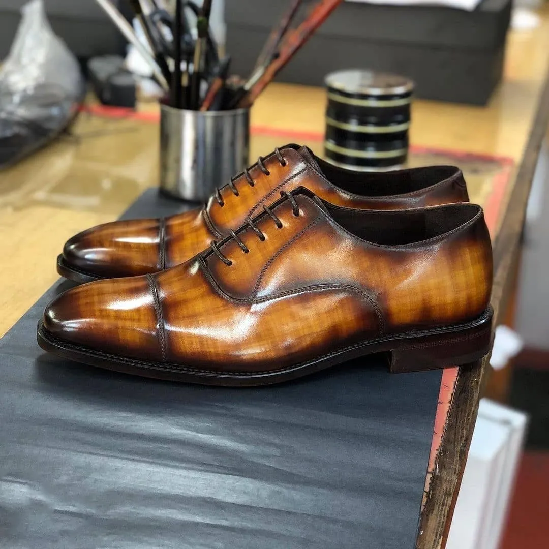 Tan Patina Leather Frankston Toe Cap Oxford Shoes sold by Costoso Italiano