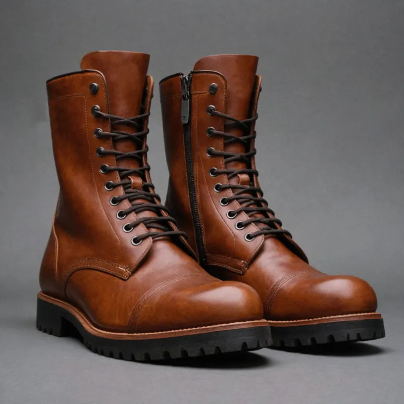 Brown Leather Oriella Lace Up Chunky Derby Boots with Zipper and Track Sole - AW24 - Hiking and Trekking Boots sold by Costoso Italiano