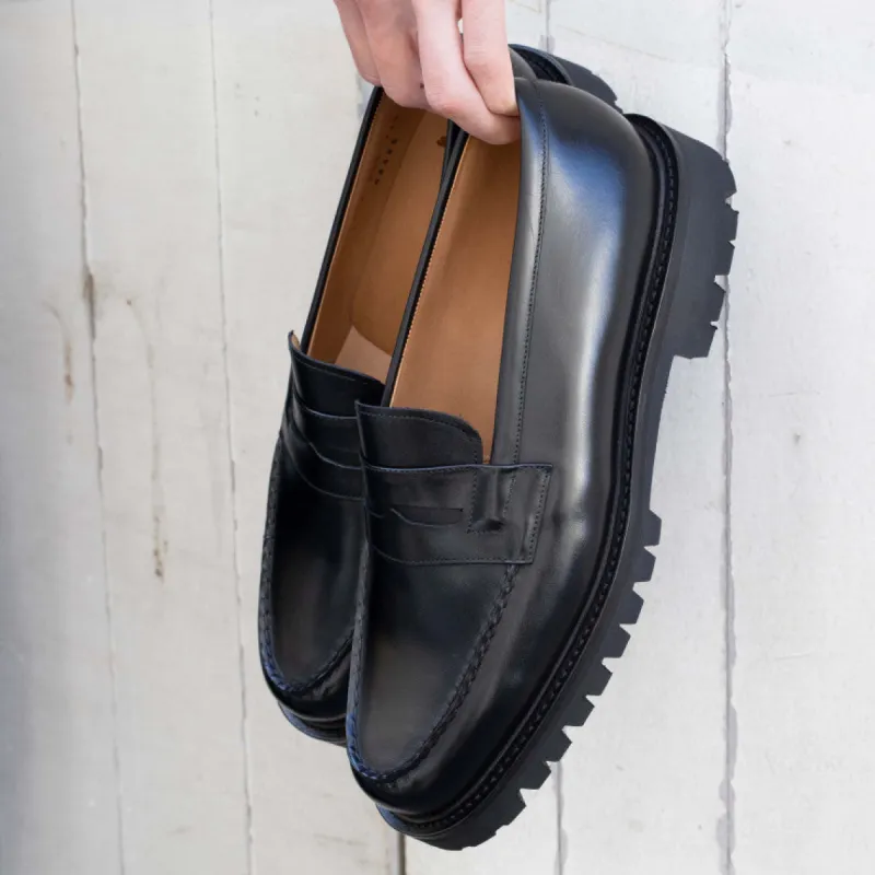 Black Leather Belize Chunky Penny Loafers - With Track Soles - AW24 sold by Costoso Italiano