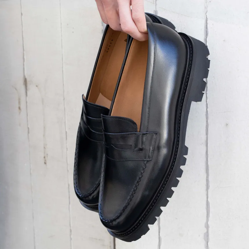 Black Leather Belize Chunky Penny Loafers - With Track Soles - AW24 : The Royale Collection sold by Costoso Italiano