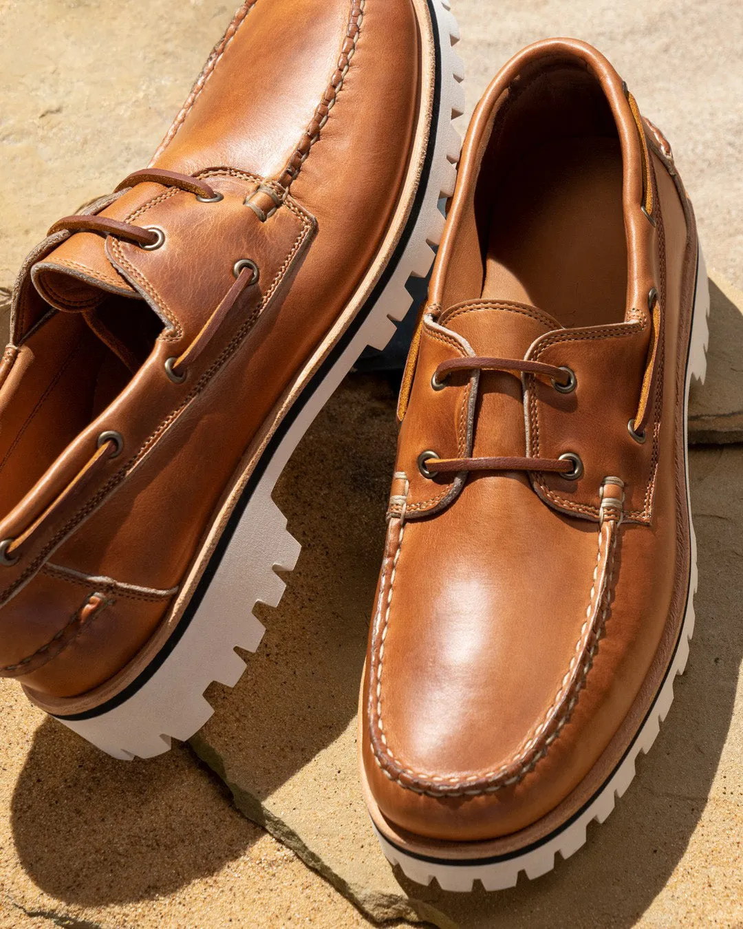 Height Increasing Tan Leather Hyperion Lace Up Chunky Boat Shoes with White Soles - Summer 2024 Collection sold by Costoso Italiano