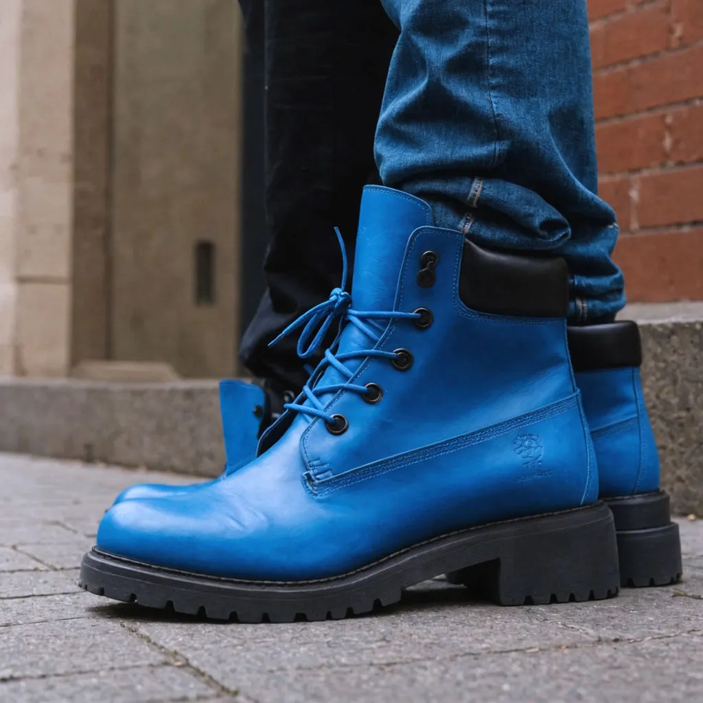 Blue Leather Appoggio Ankle Rugged Lace Up Combat Hiking Boots with Chunky Track Sole sold by Costoso Italiano