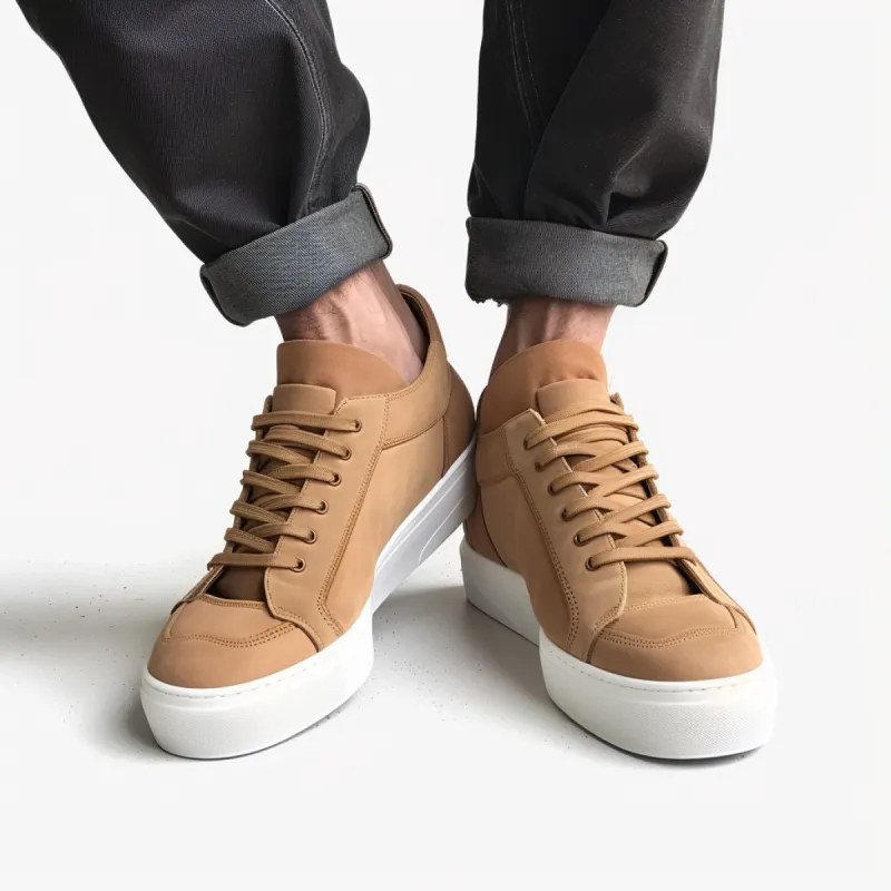 Tan Leather Pure Plush Lace Up Sneakers  with White Sole - Summer 2024 Collection sold by Costoso Italiano