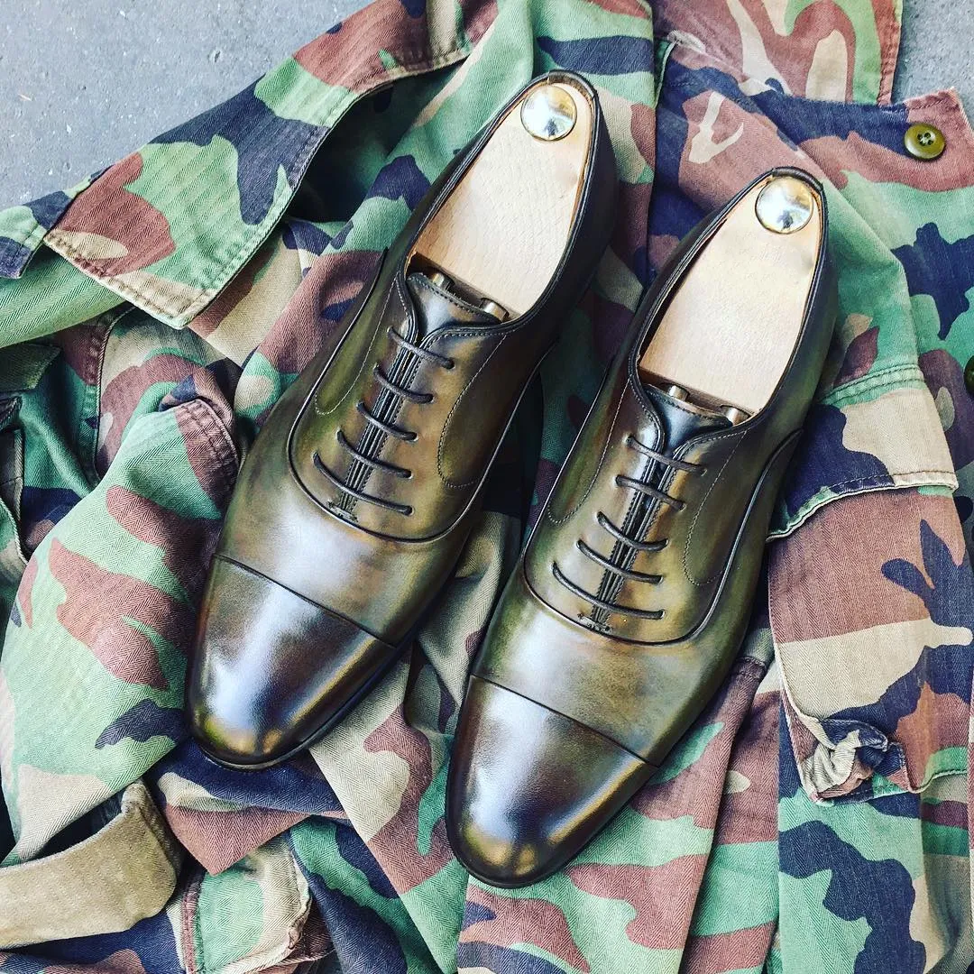 Height Increasing Olive Green Leather Toecap Moura Oxfords sold by Costoso Italiano