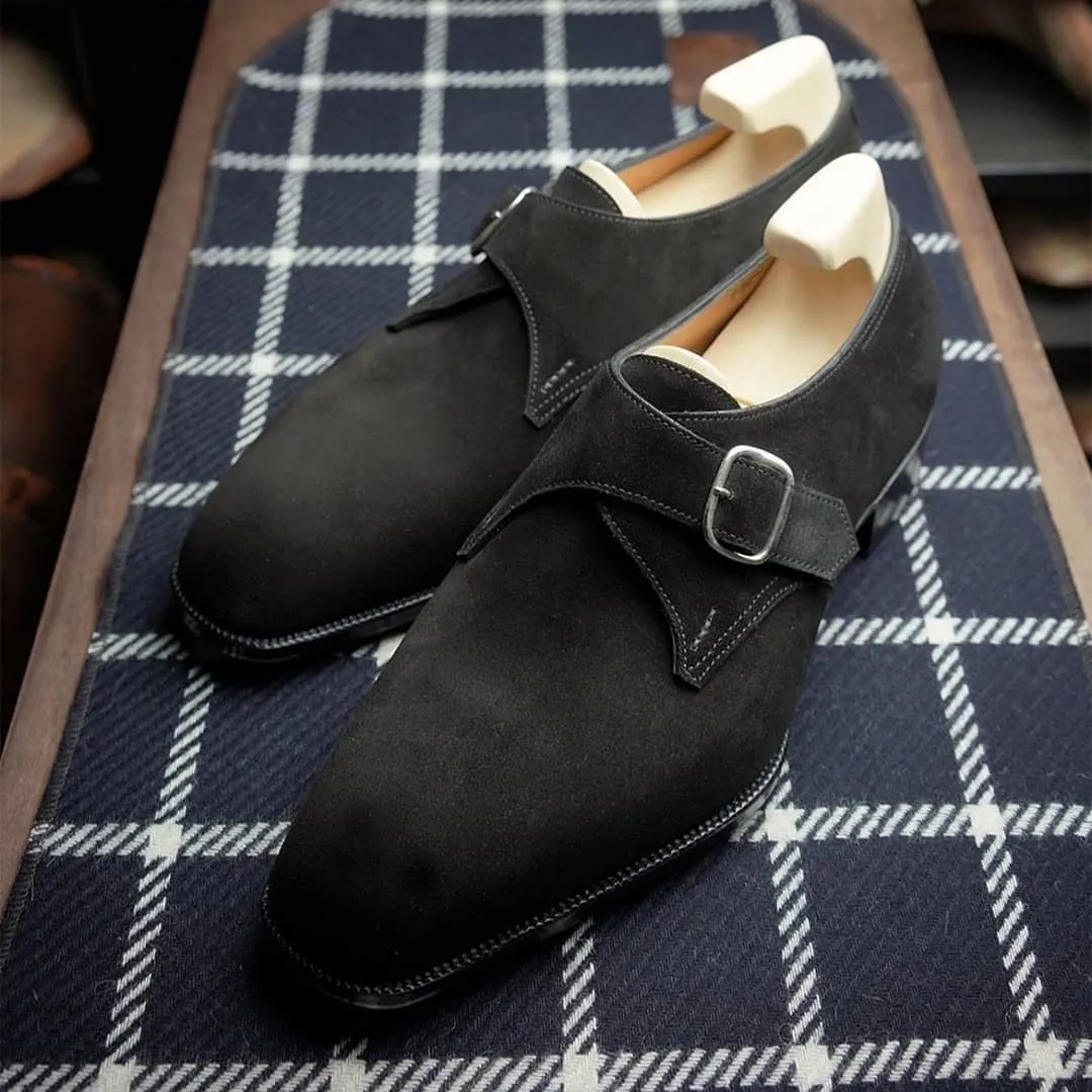 Height Increasing Black Suede Amriswil Single Monk Straps sold by Costoso Italiano
