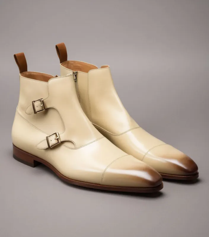 Cream Leather  Bordeaux Zipper Monk Strap Boots sold by Costoso Italiano