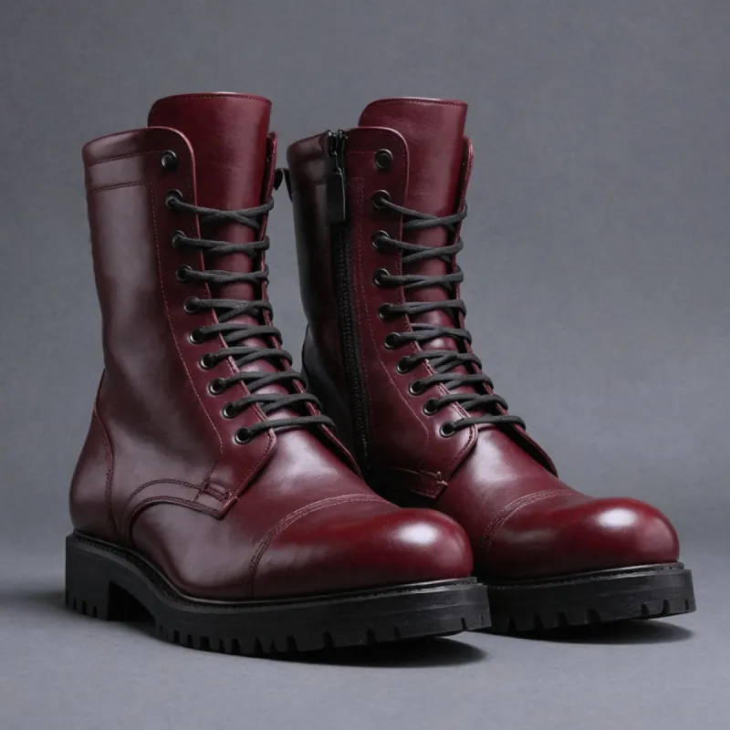 Burgundy Leather Oriella Lace Up Chunky Derby Boots with Zipper and Track Sole - AW24 - Hiking and Trekking Boots sold by Costoso Italiano