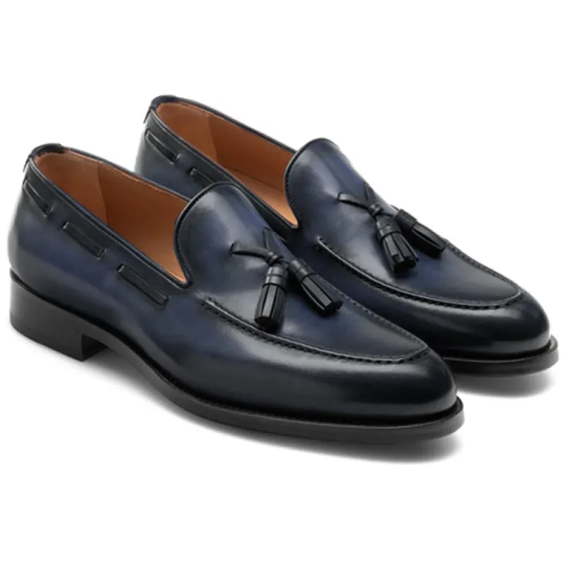 Flat Feet Shoes - Navy Blue Leather Barbican Tassel Loafers with Arch Support sold by Costoso Italiano