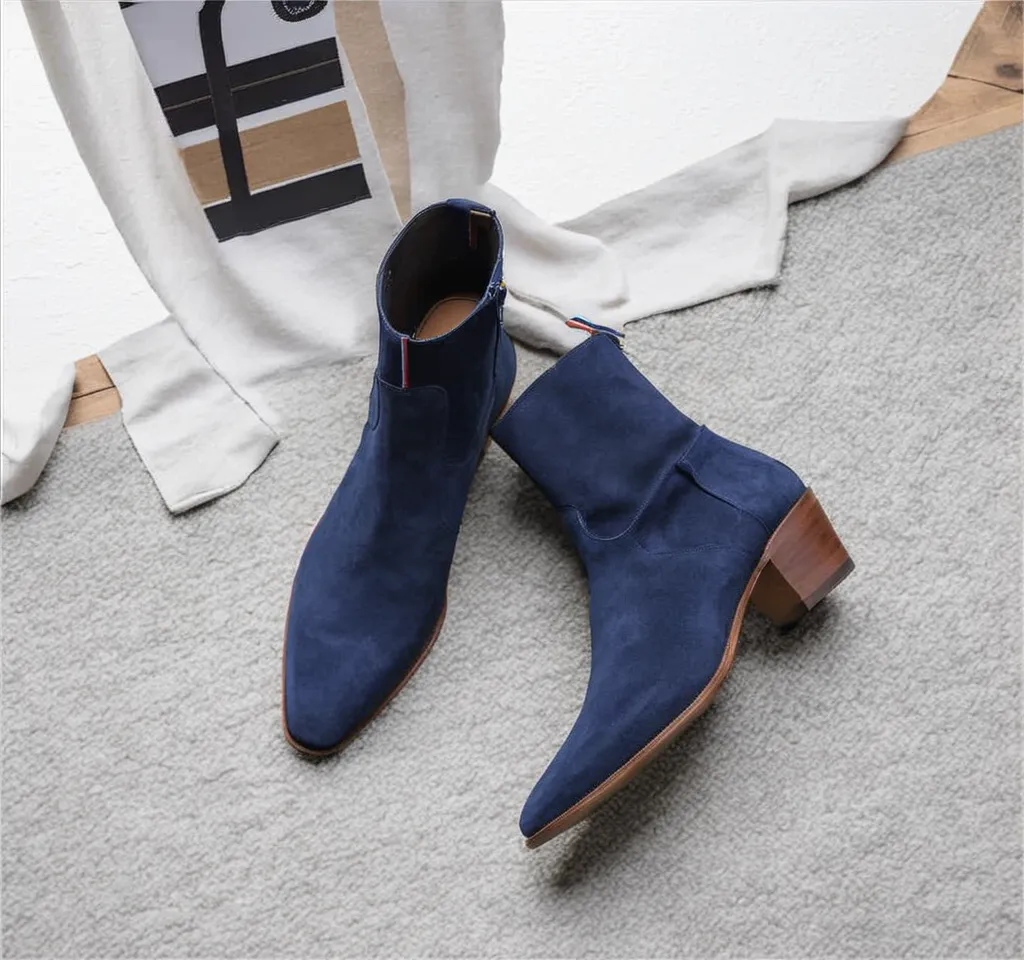 Dark Blue Suede Leather Lazzer Slip On Zipper Pointed Boots sold by Costoso Italiano