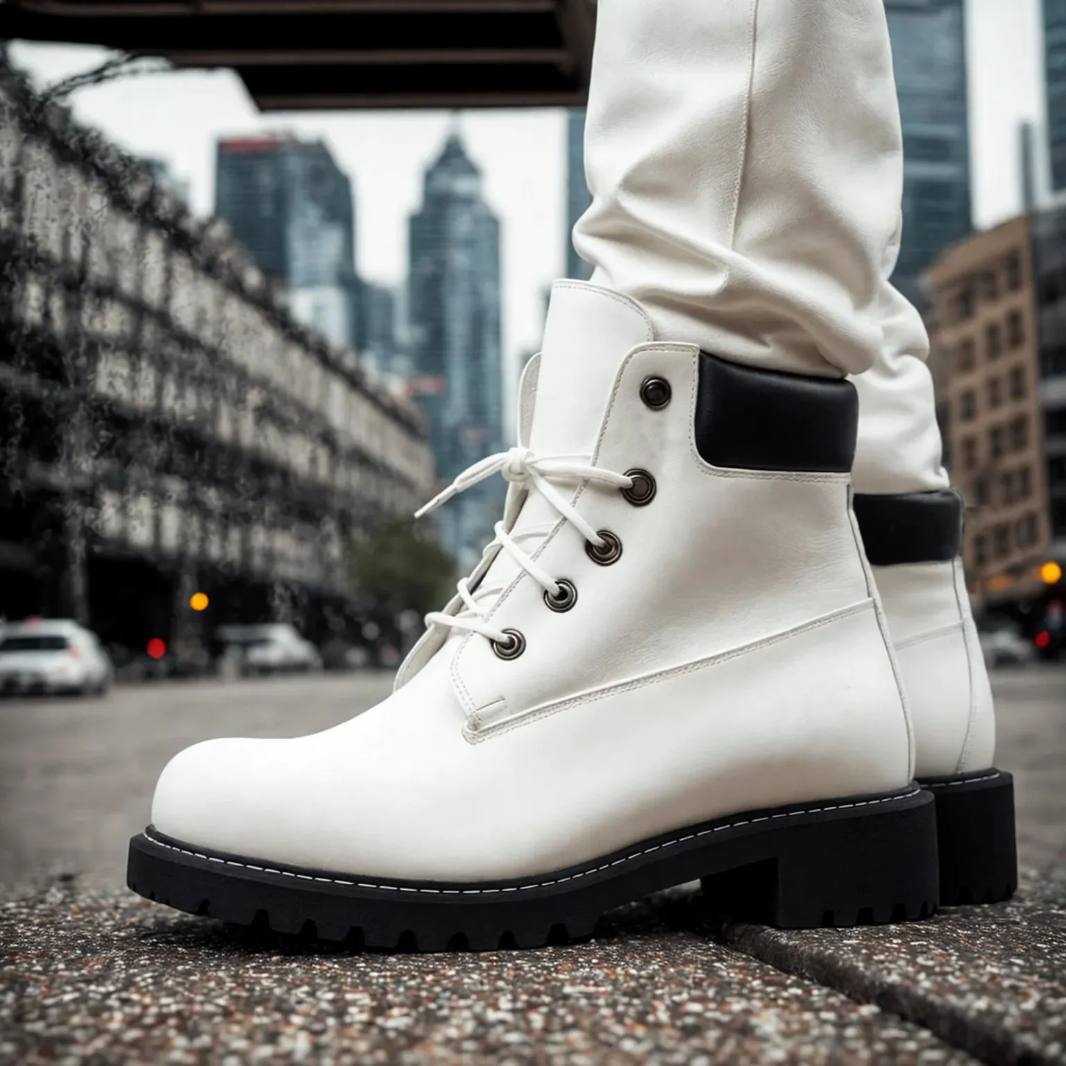 White Leather Appoggio Ankle Rugged Lace Up Combat Hiking Boots with Chunky Track Sole sold by Costoso Italiano