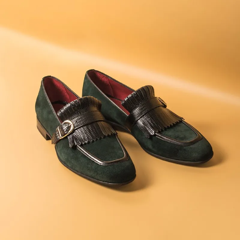 Height Increasing Green Leather and Suede Aubonne Single Monk Straps sold by Costoso Italiano