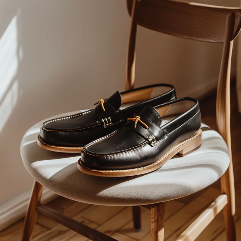 Black Gianni Boat Shoes with Tan Soles sold by Costoso Italiano