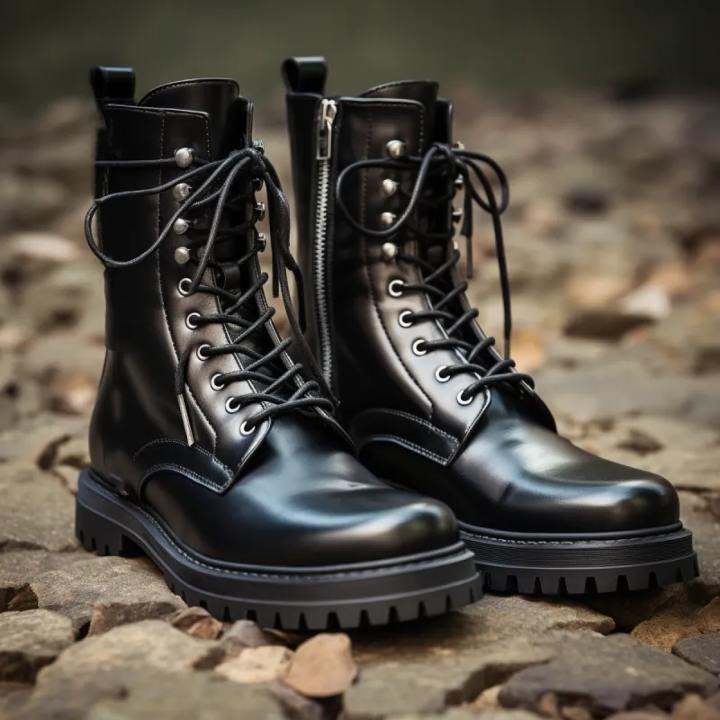 Height Increasing Black Leather Paloma Lace Up Chunky Derby Boots with Zipper and Track Sole - AW24 - Hiking and Trekking Boots sold by Costoso Italiano
