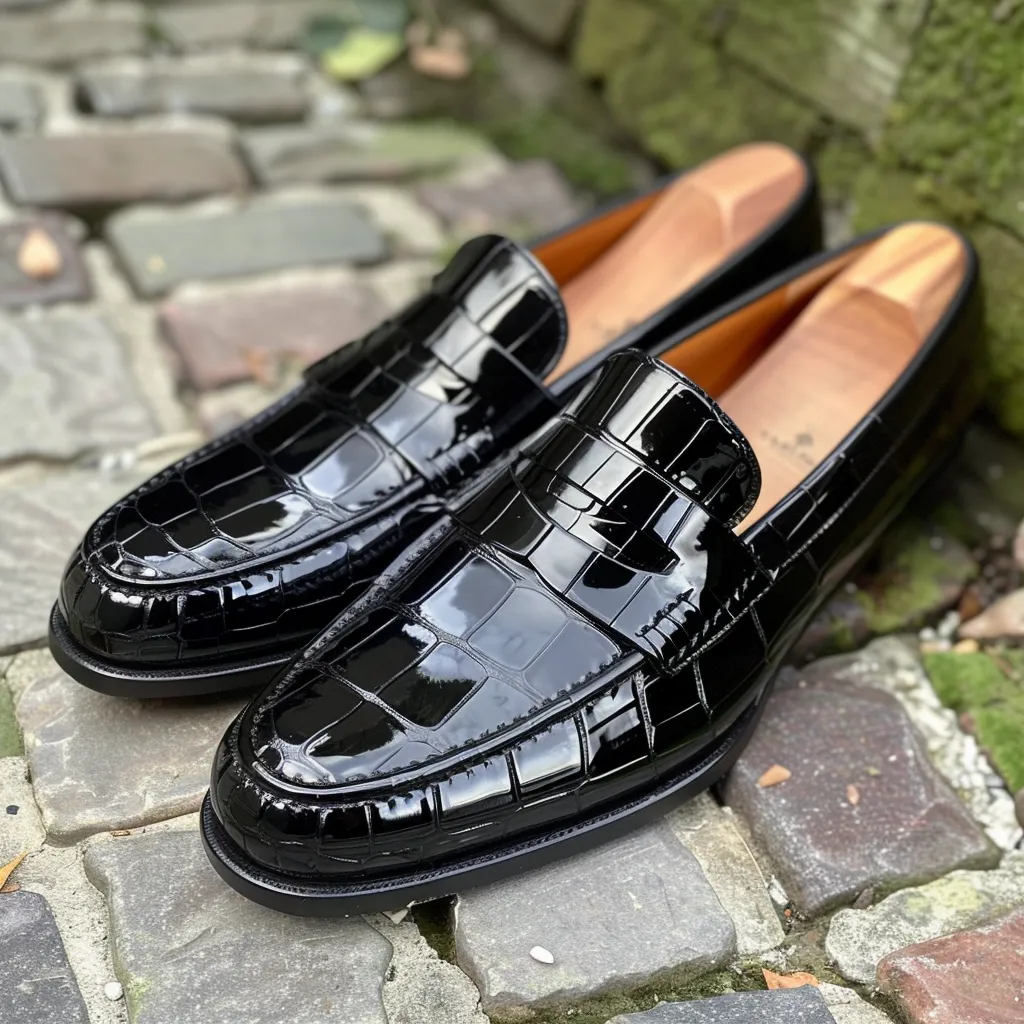 Black Croc Print Leather Amelio Loafers sold by Costoso Italiano