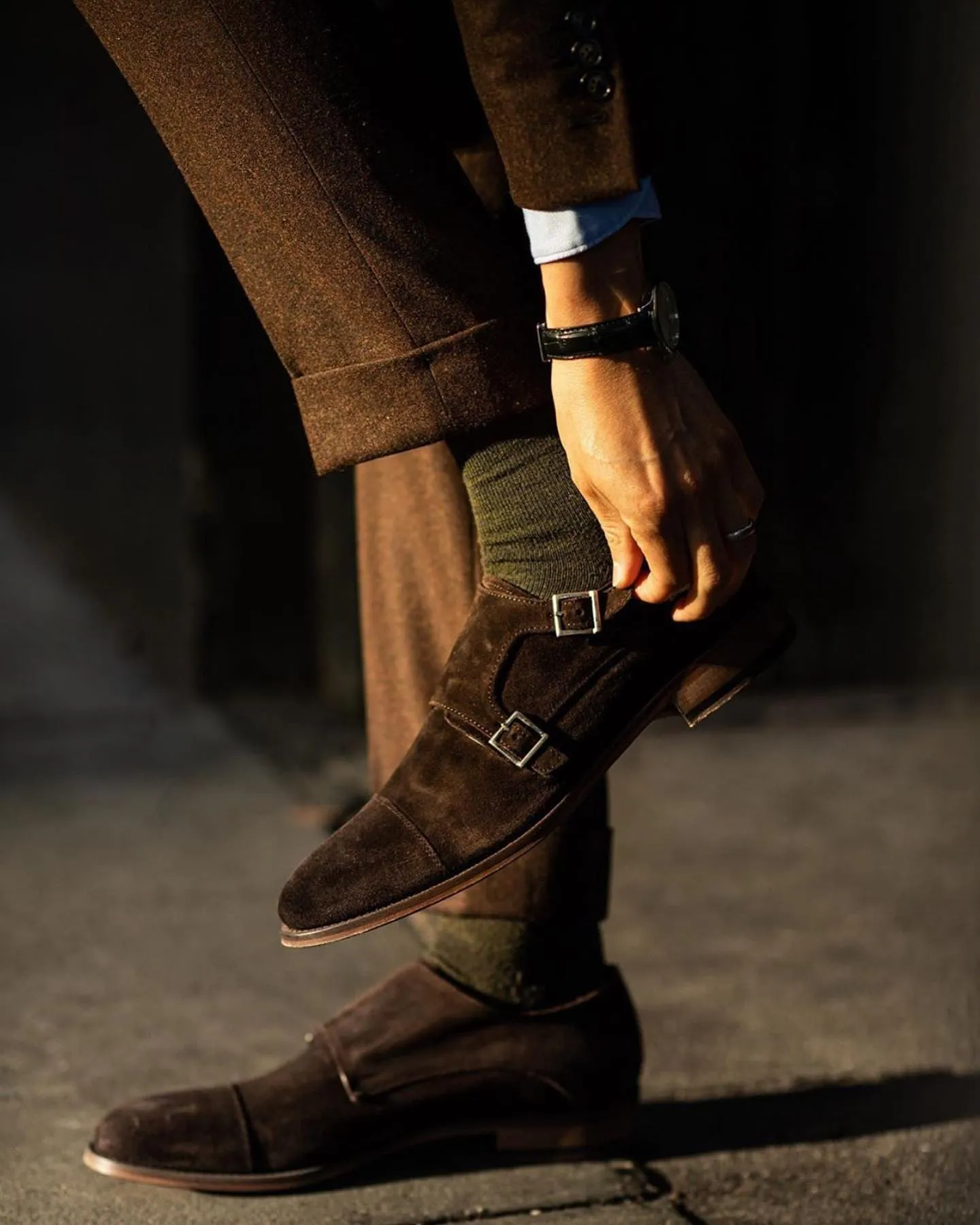 Brown Suede Marinelle Teo Cap Buckle Double Monk Straps - AW24 sold by Costoso Italiano