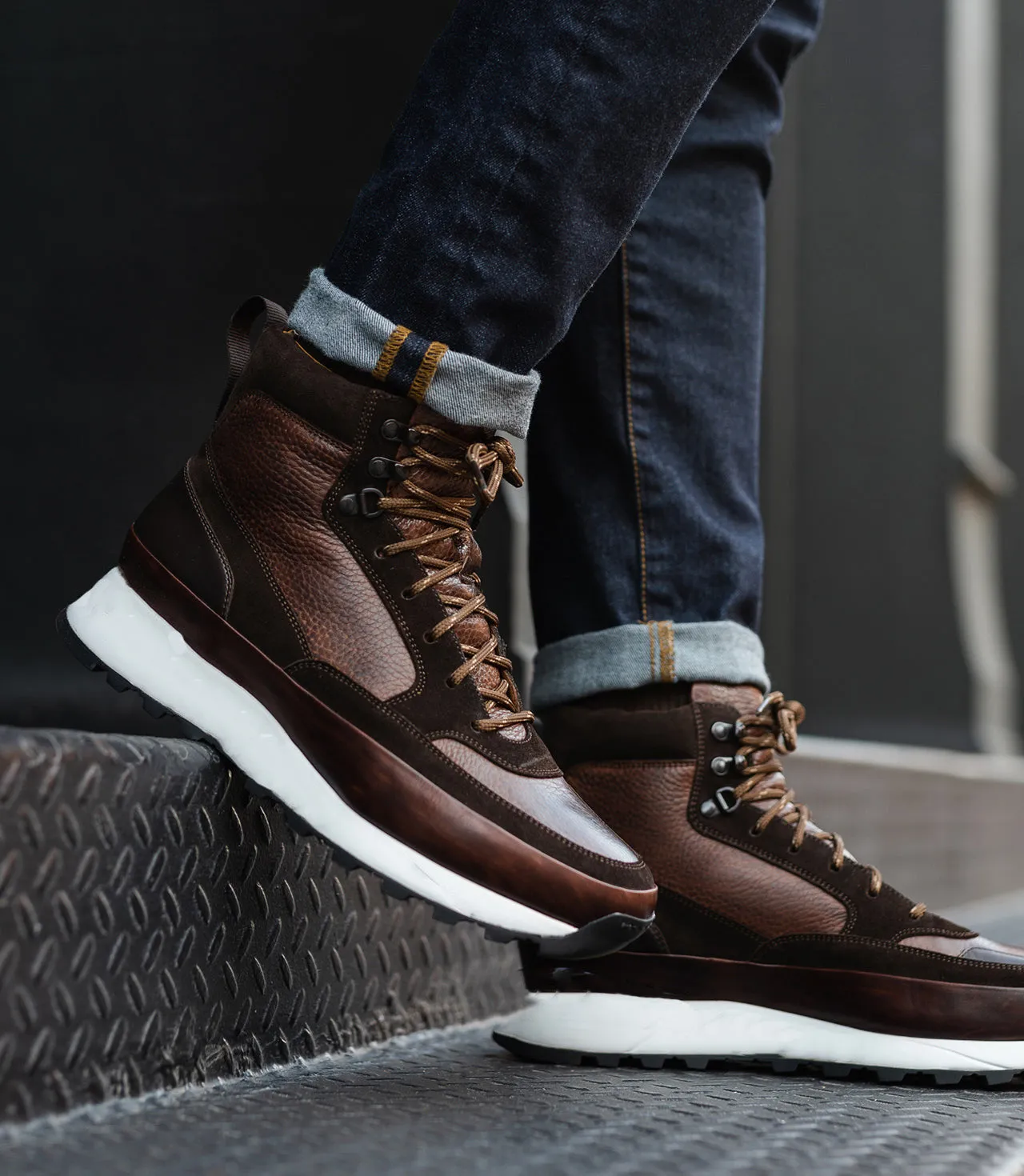 Brown Leather and Suede Dreketi High Top Sneaker Boots sold by Costoso Italiano