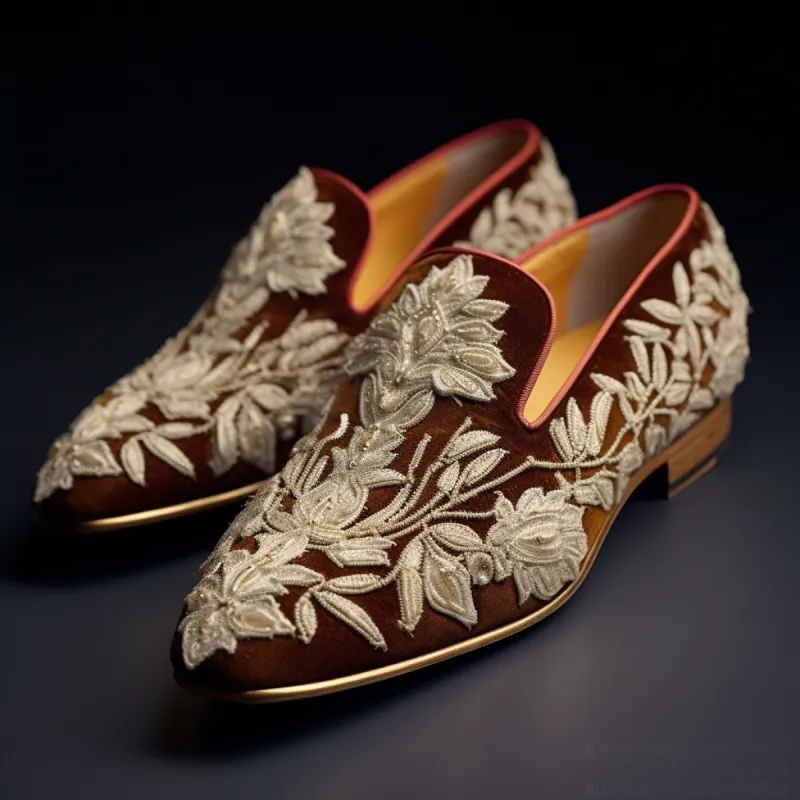 Brown Velvet Hand Work Zardozi Peshawari Loafers | Wedding Shoes for Groom | Shoes for Haldi Mehendi Sangeet sold by Costoso Italiano