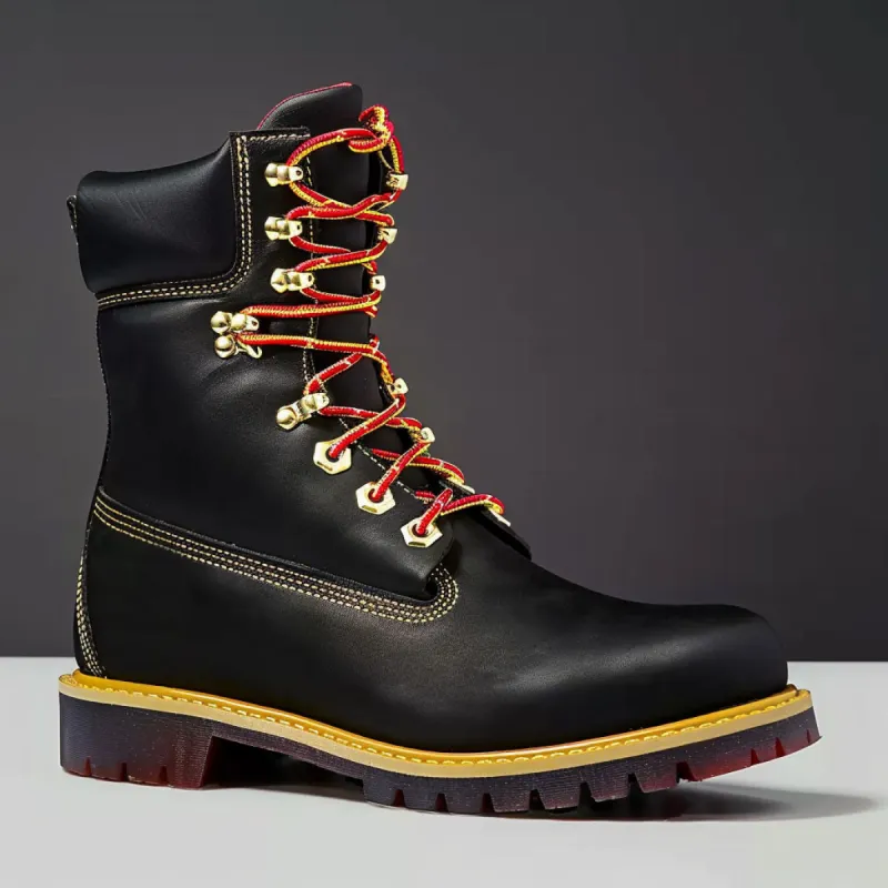 Black Leather Accademia Mid Calf Rugged Lace Up Combat Hiking Boots with Chunky Track Sole sold by Costoso Italiano