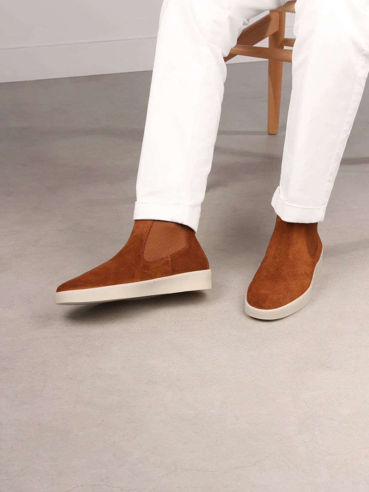 Tan Suede Caleros Chelsea Boots with White Sole - Summer 2024 Collection sold by Costoso Italiano