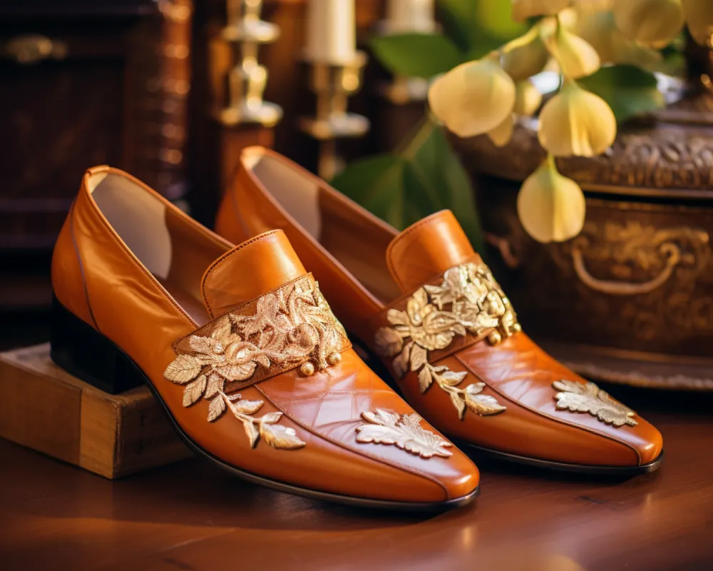 Tan Leather Embroidery Work Peshawari Loafers | Wedding Shoes for Groom | Shoes for Haldi Mehendi Sangeet sold by Costoso Italiano