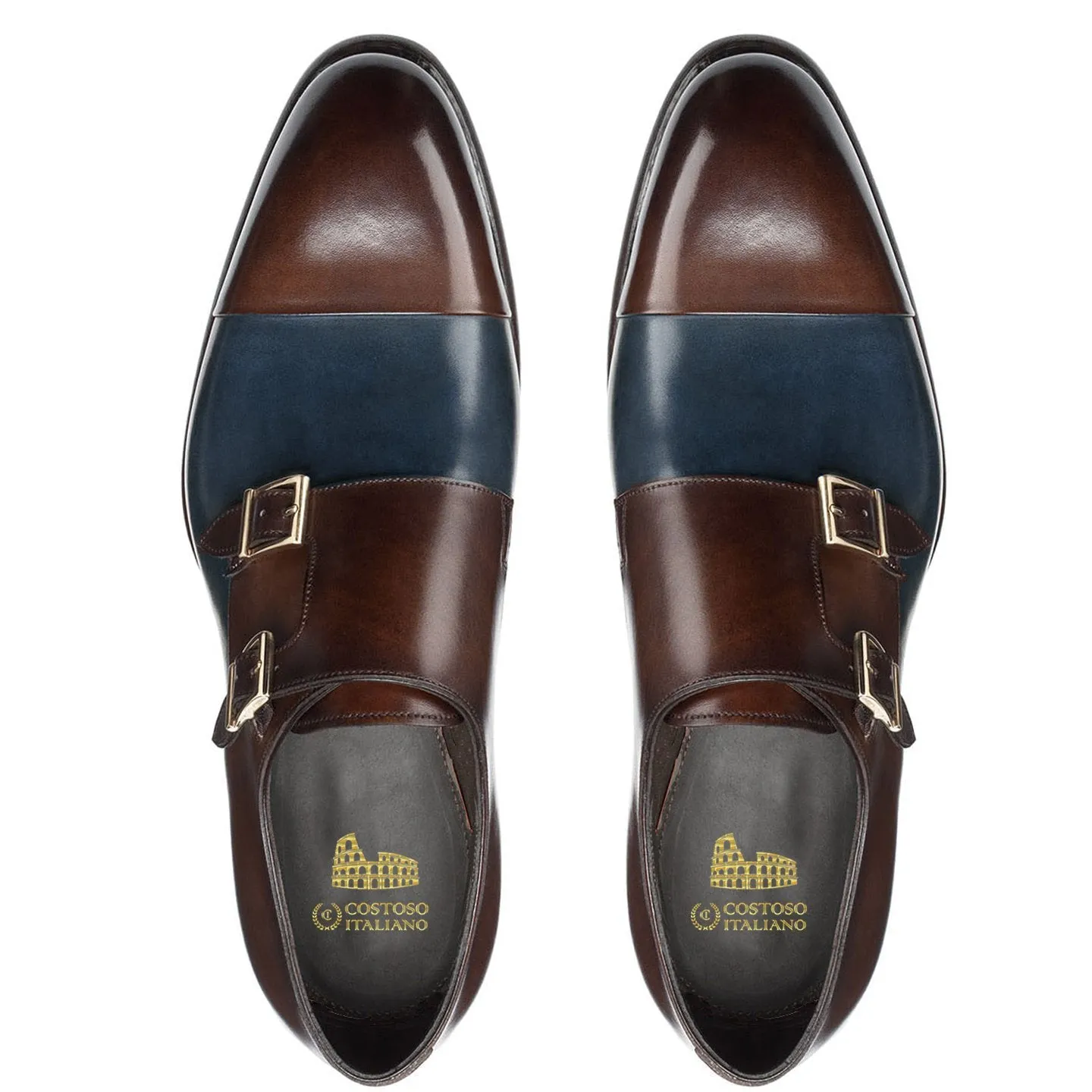 Flat Feet Shoes - Navy Blue and Brown Leather Castle Monk Straps with Arch Support sold by Costoso Italiano product image thumbnail 3