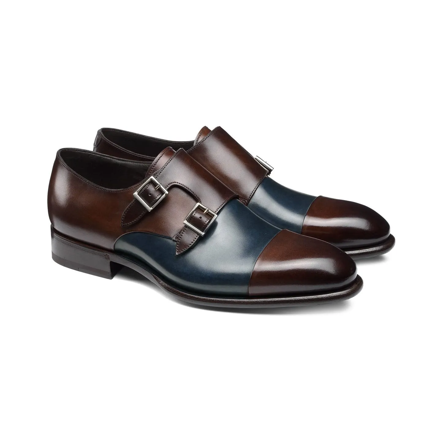 Flat Feet Shoes - Navy Blue and Brown Leather Castle Monk Straps with Arch Support sold by Costoso Italiano