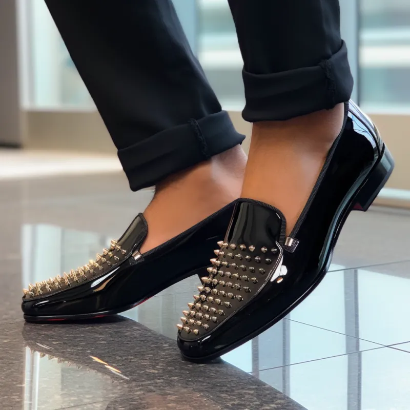 Black Patent Leather Spike Gleami Slip On Studded Loafers - SS23 sold by Costoso Italiano