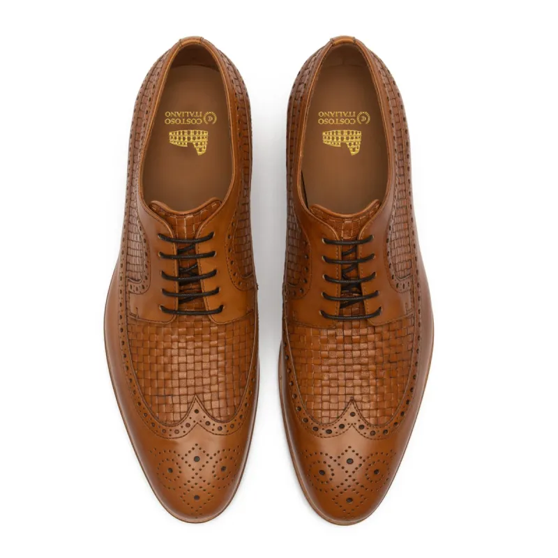 Height Increasing Tan Braided Leather Norwood Brogue Derby Shoes sold by Costoso Italiano