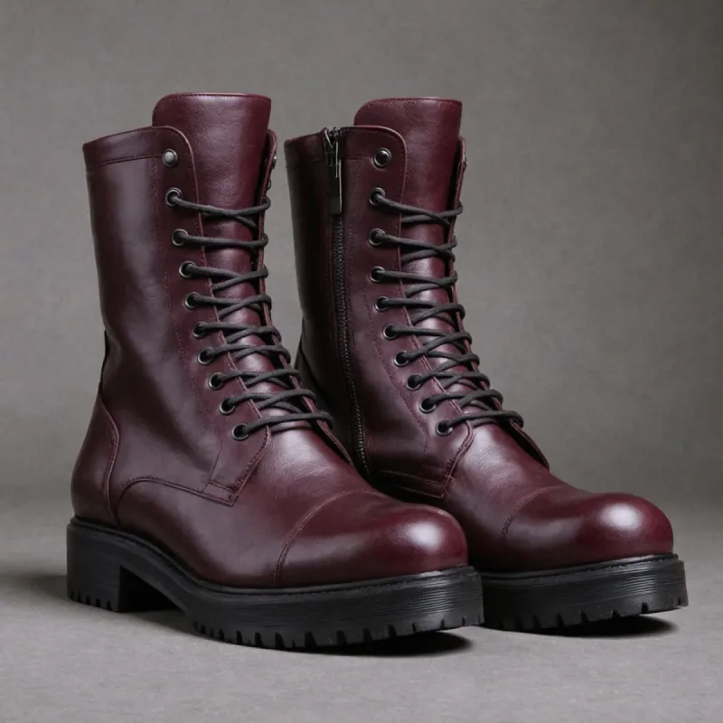 Maroon Leather Oriella Lace Up Chunky Derby Boots with Zipper and Track Sole - AW24 - Hiking and Trekking Boots sold by Costoso Italiano