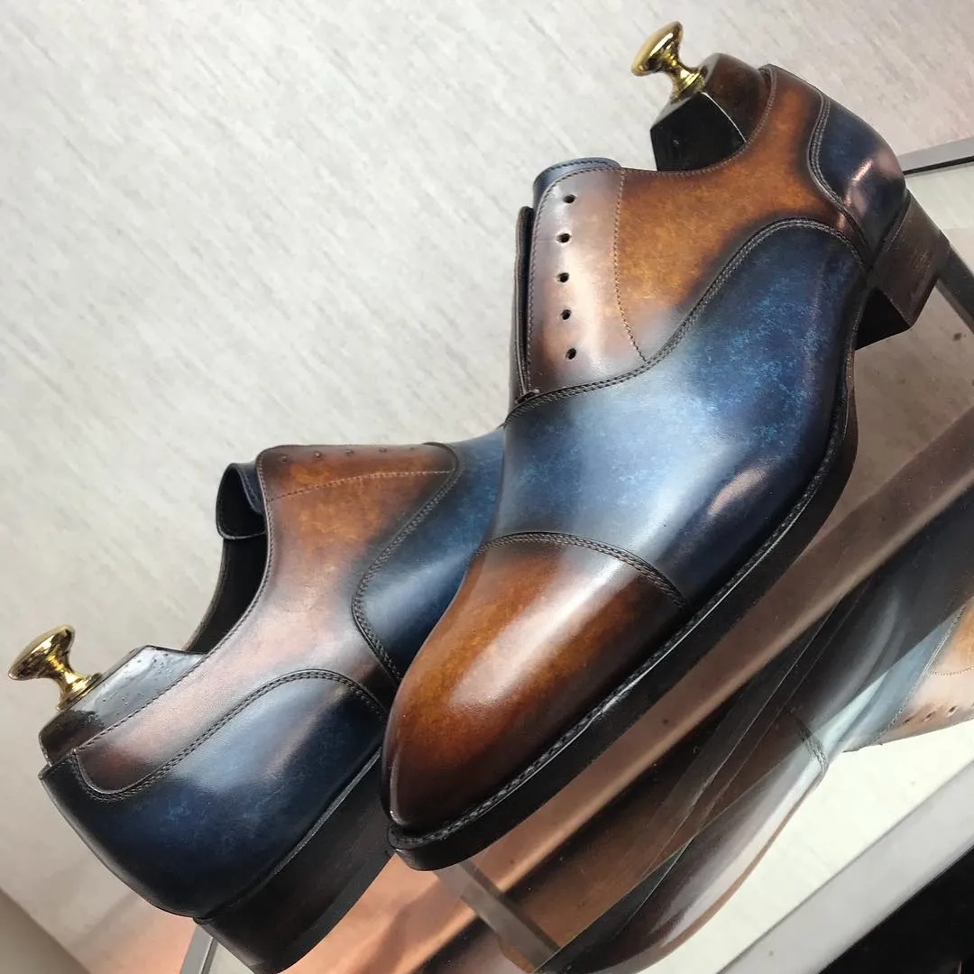 Height Increasing Tan and Navy Blue Leather Varzim Oxfords - Formal Shoes sold by Costoso Italiano