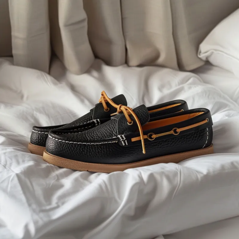 Black Giulio Boat Shoes with Tan Sole sold by Costoso Italiano