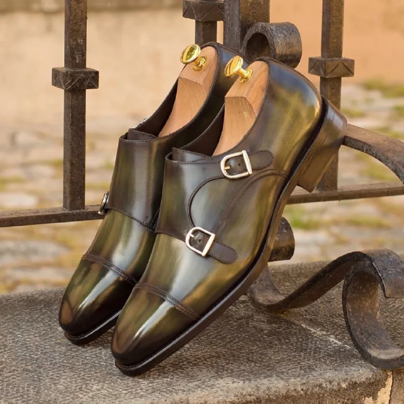 Green Leather Plovdiv Double Monk Straps sold by Costoso Italiano