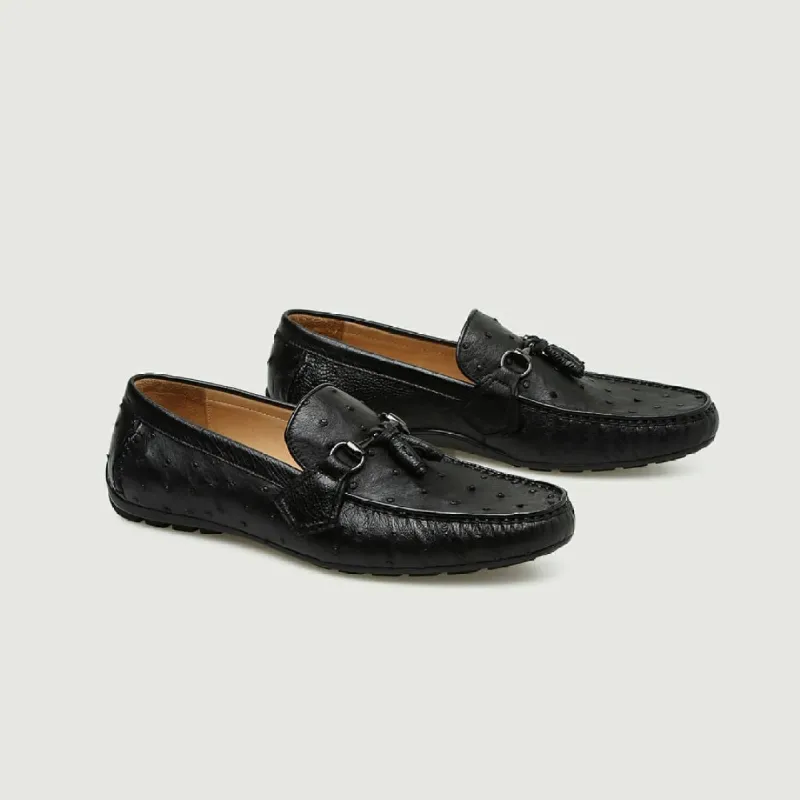 Black Ostrich Leather Balimo Slip On Tassel Horse Bit Loafers sold by Costoso Italiano