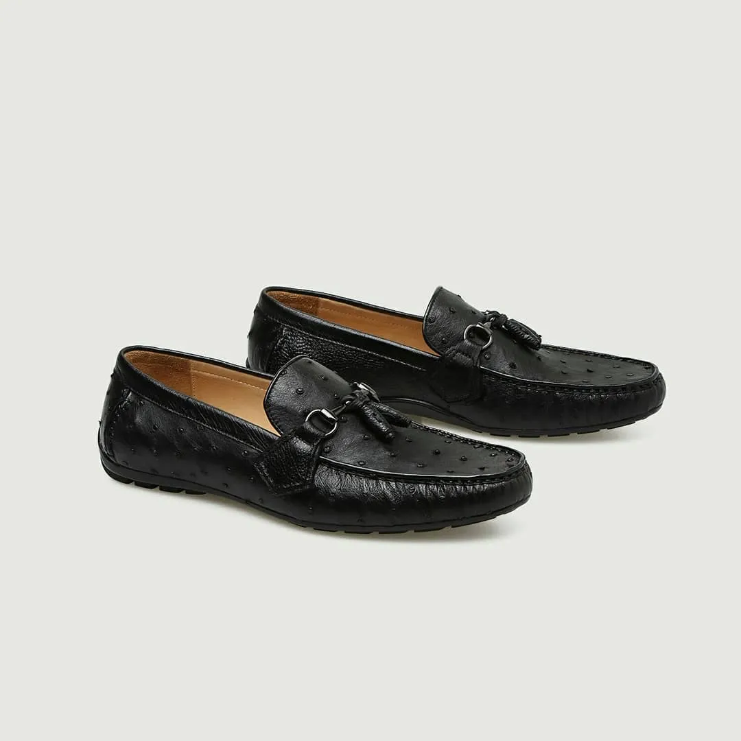 Black Ostrich Leather Balimo Slip On Tassel Horse Bit Loafers sold by Costoso Italiano