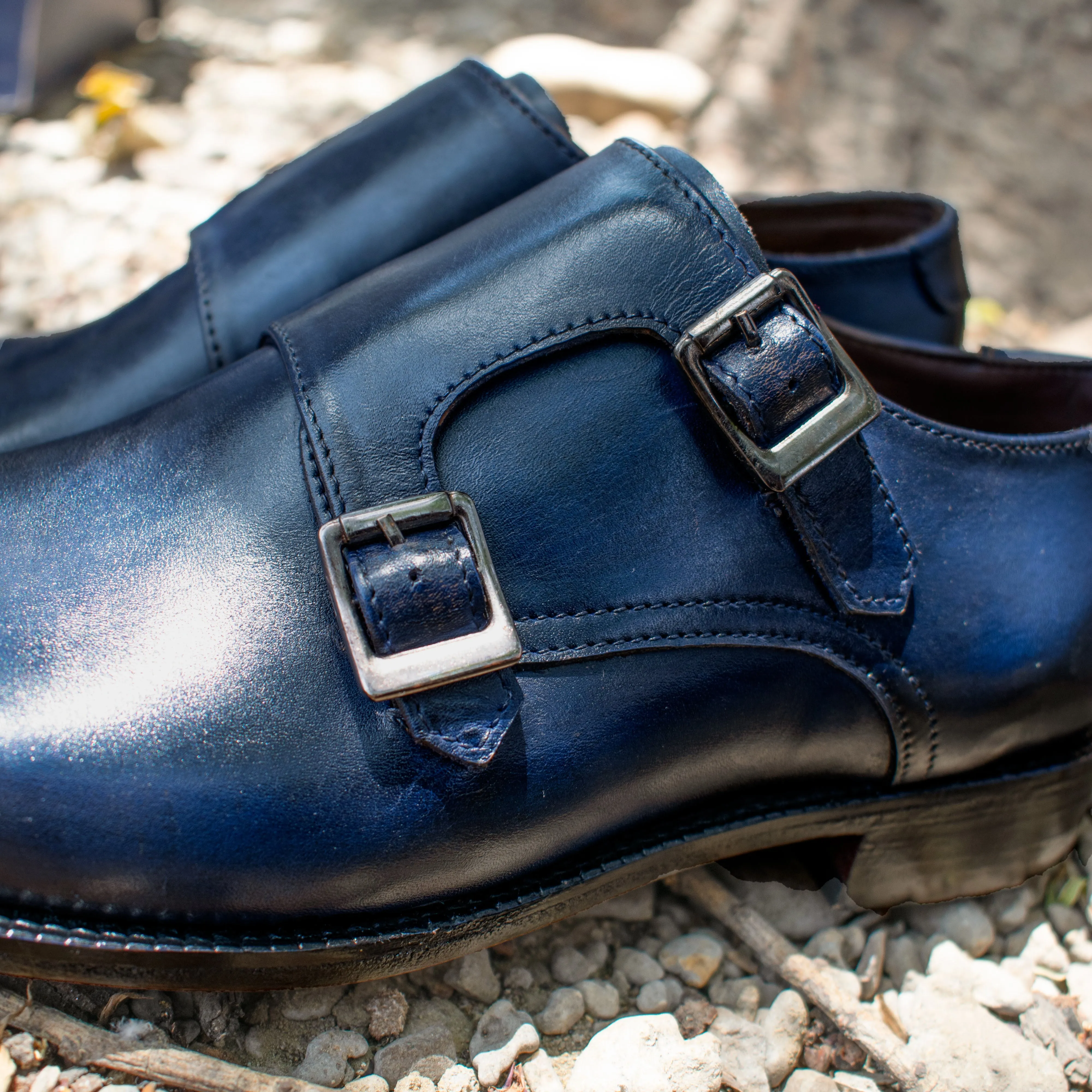 Height Increasing Navy Blue Leather Wansdyke Monk Strap Shoes sold by Costoso Italiano product image thumbnail 3