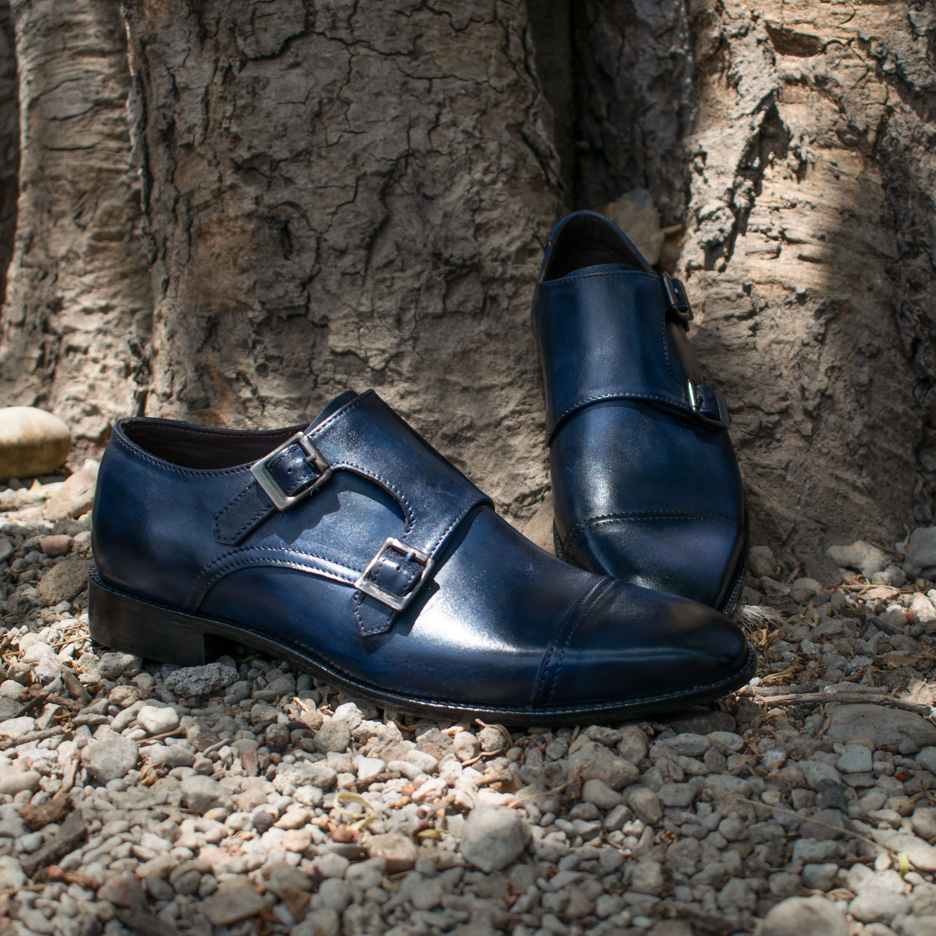 Height Increasing Navy Blue Leather Wansdyke Monk Strap Shoes sold by Costoso Italiano