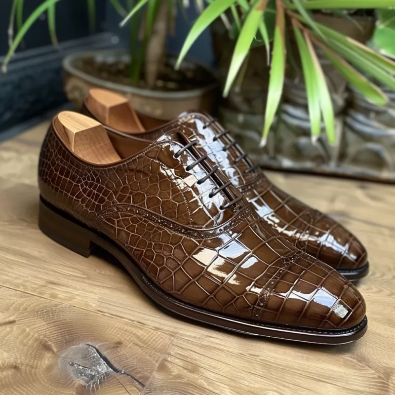 Leone Brown Leather Croc Print Oxford sold by Costoso Italiano