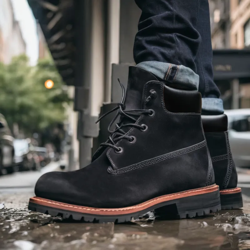 Black Suede Leather Appoggio Ankle Rugged Lace Up Combat Hiking Boots with Chunky Track Sole sold by Costoso Italiano