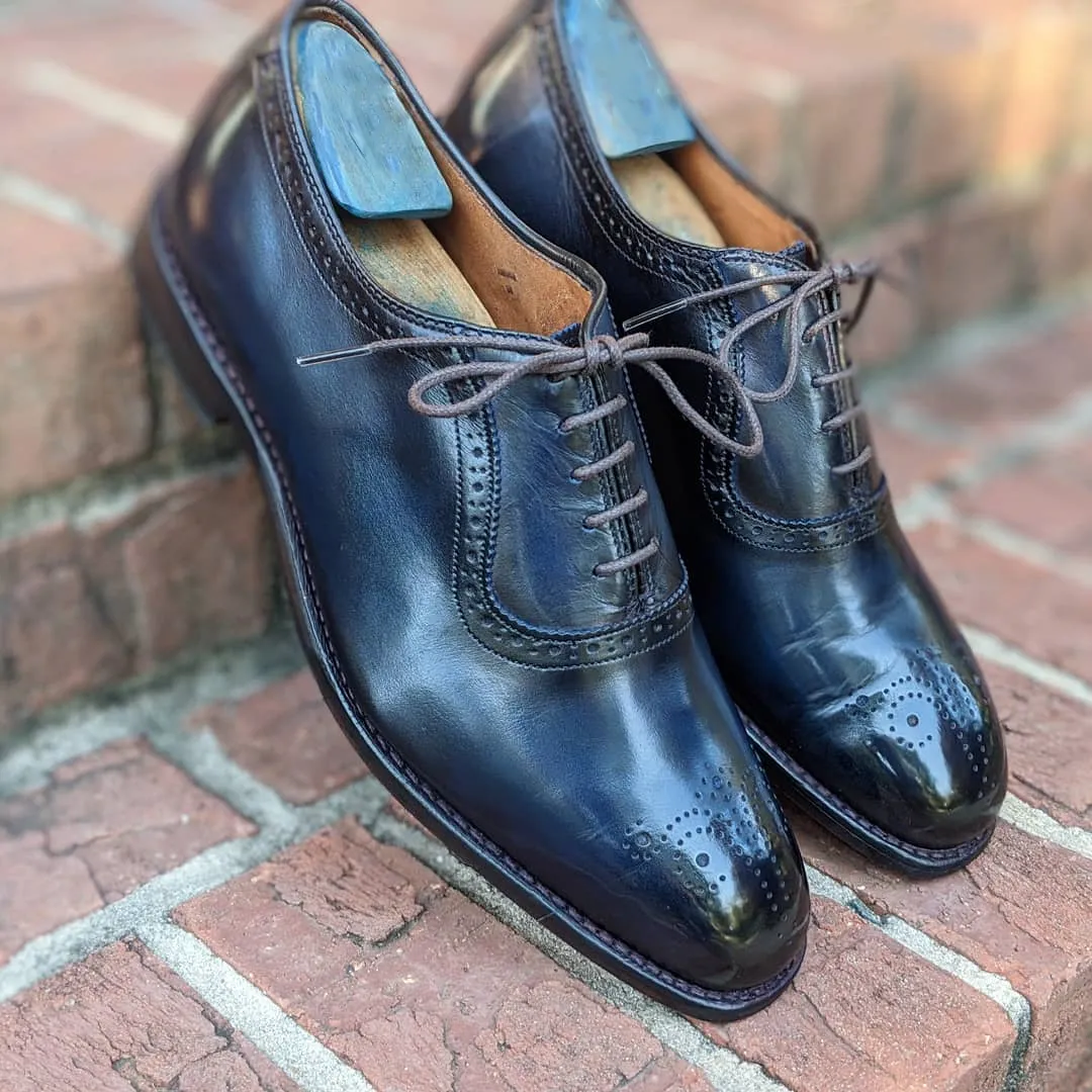 Navy Blue Leather Cudrefin Brogue Oxfords - Formal Shoes sold by Costoso Italiano
