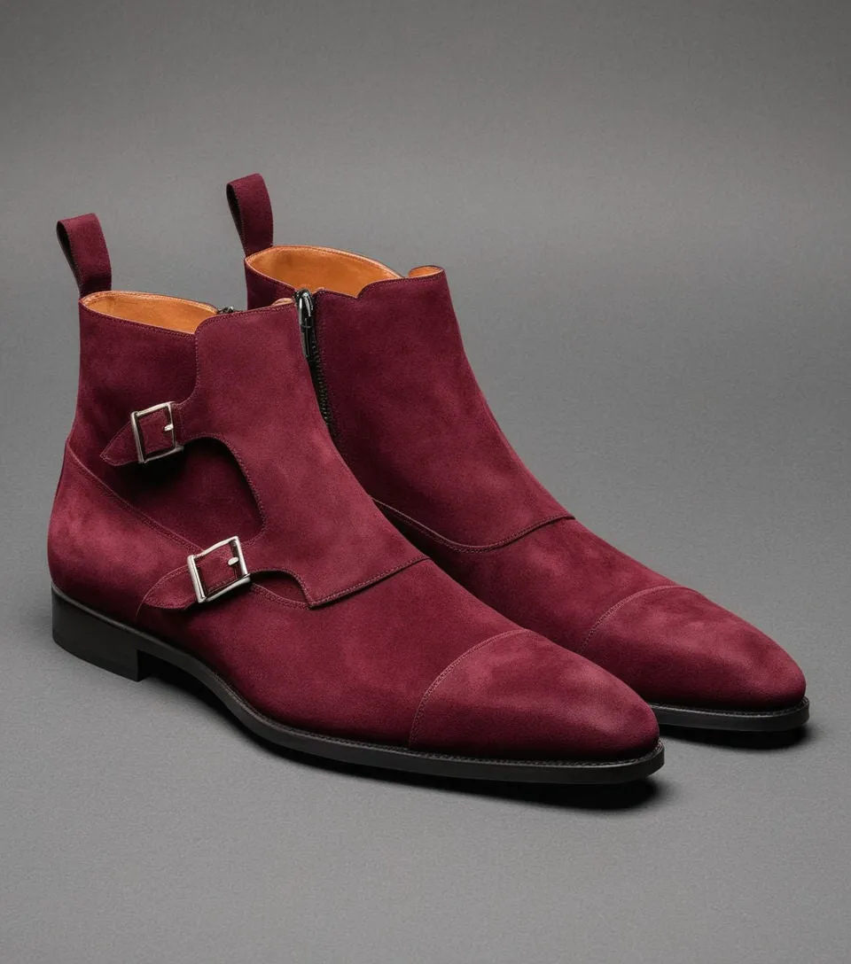 Burgundy Suede Leather Bordeaux Zipper Monk Strap Boots sold by Costoso Italiano