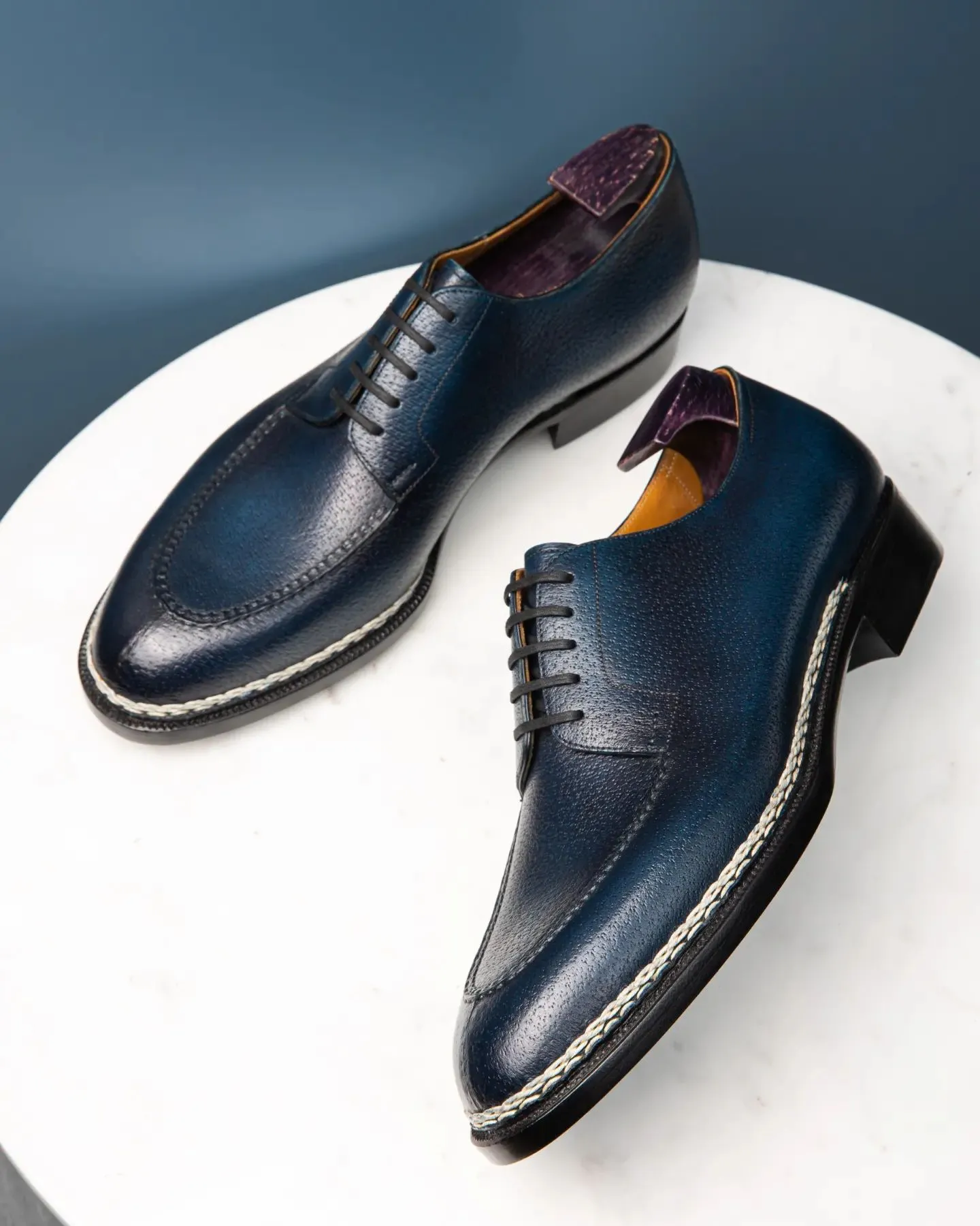 Navy Blue Leather Sharp Style Lace Up Derby Shoes - Summer 2024 Collection sold by Costoso Italiano