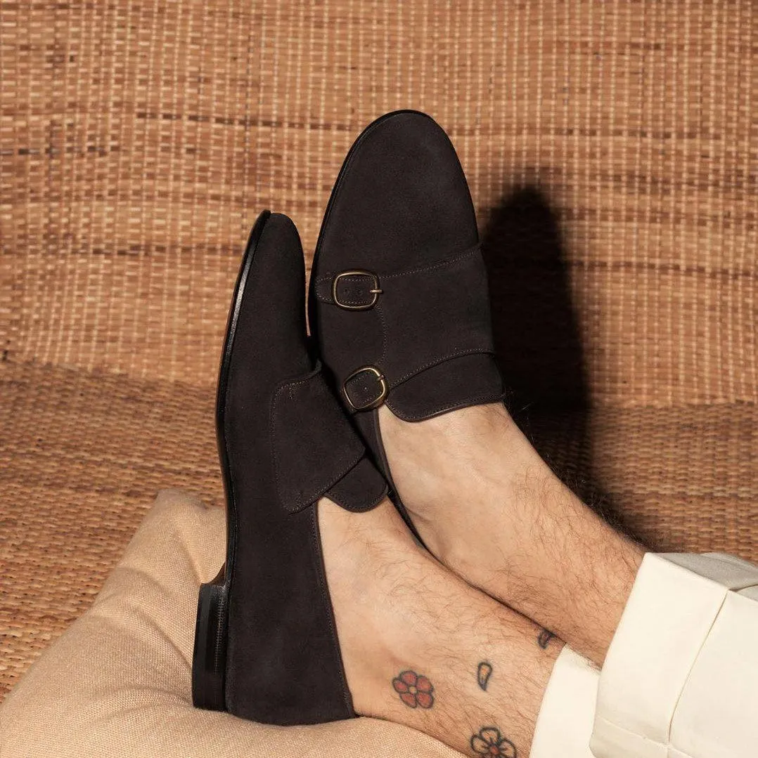 Brown Suede Nicoten Monk Strap Shoes sold by Costoso Italiano