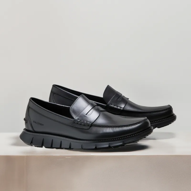 Black Leather Evarado Penny Loafers with Black Hybrid Sole - SS23 sold by Costoso Italiano