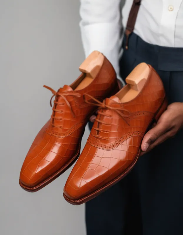Tan Croc Print Leather Kratio Brogue Oxfords - Formal Shoes sold by Costoso Italiano